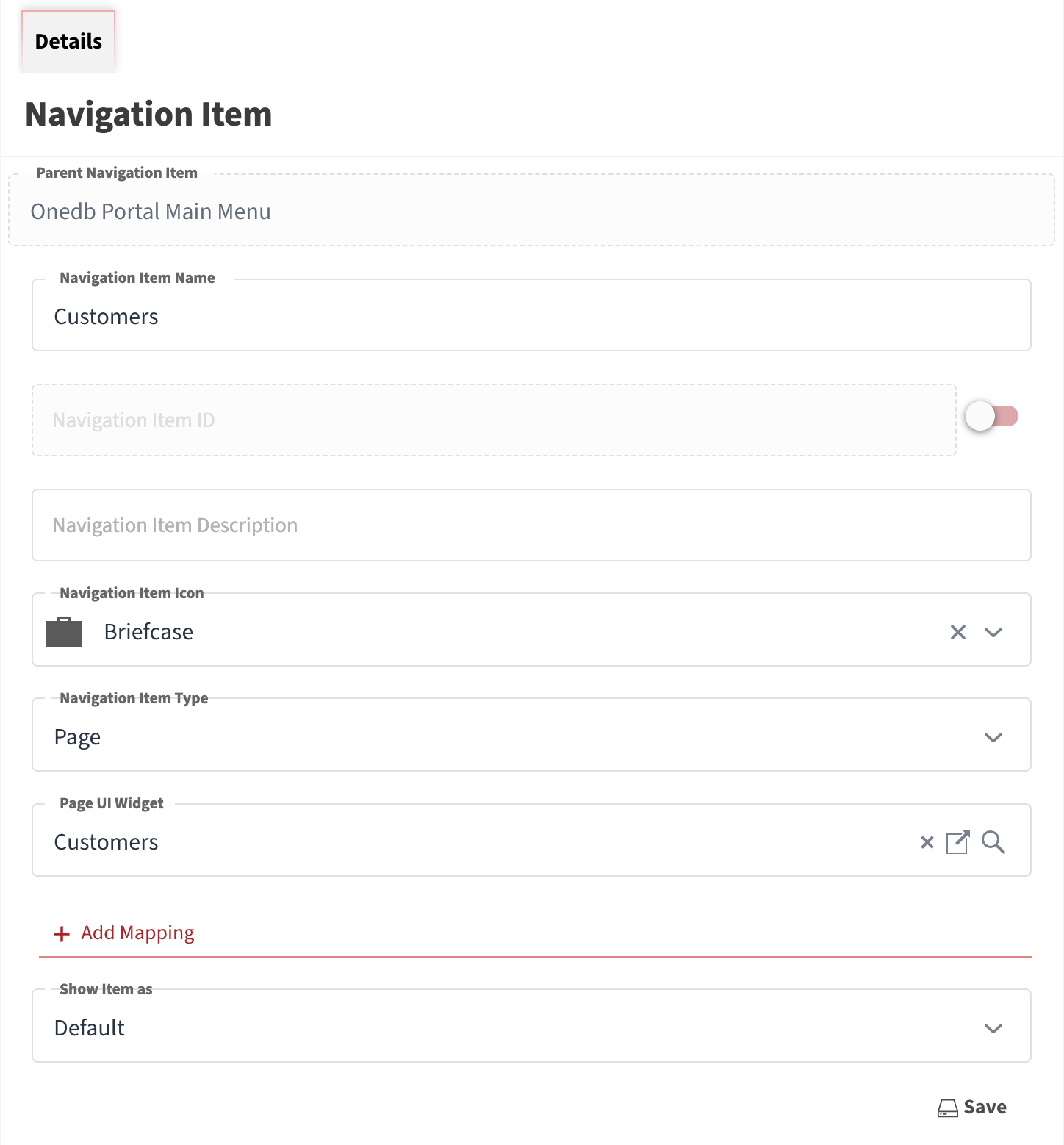 Navigation Item Configuration